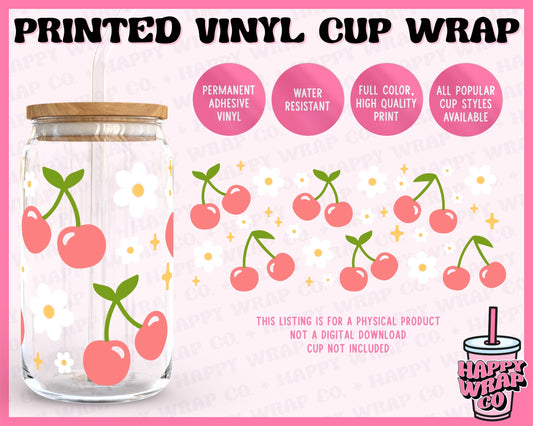 Cherries and Daisies - Vinyl Beer Can Glass Wrap