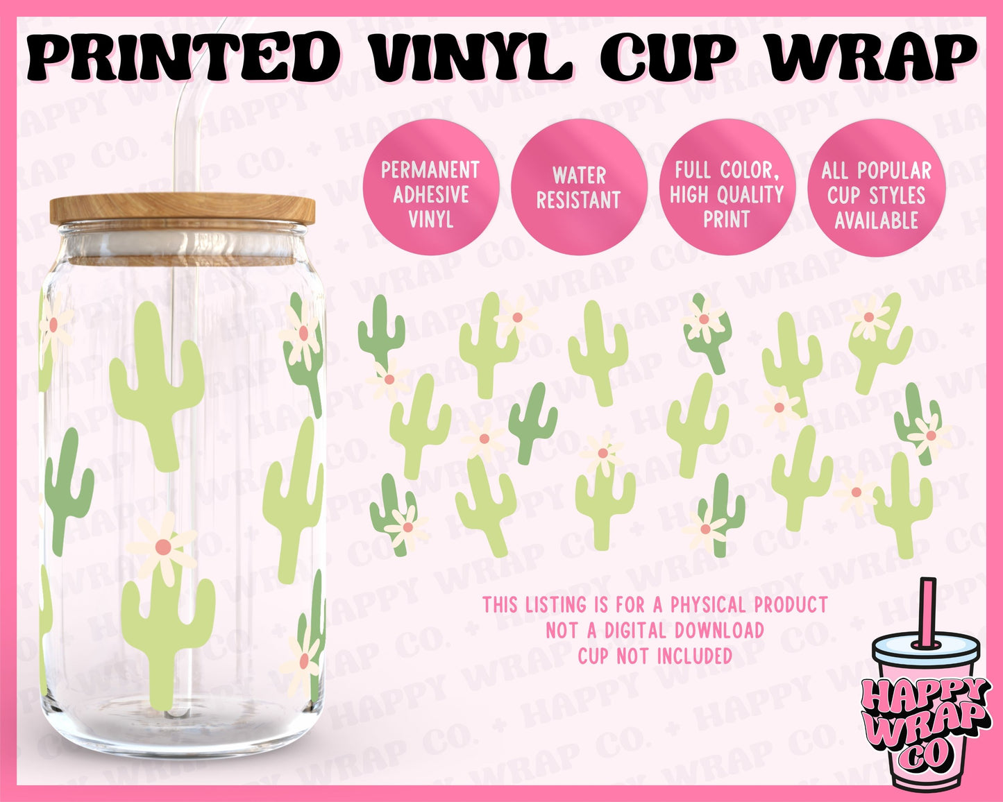 Floral Cactus - Vinyl Beer Can Glass Wrap