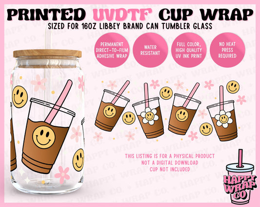 Happy Face Iced Coffee - UVDTF Beer Can Glass Wrap (Ready-to-Ship)