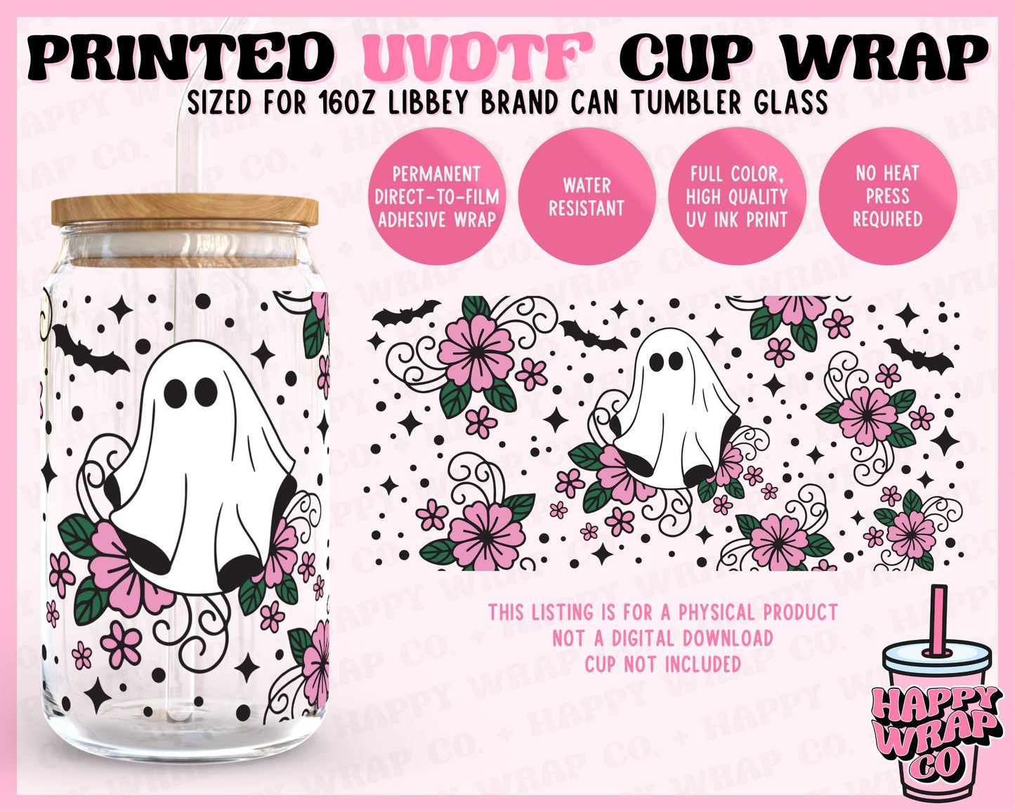 Floral Ghosts - UVDTF Beer Can Glass Wrap (Ready-to-Ship)