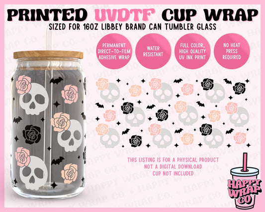 Skulls and Roses - UVDTF Beer Can Glass Wrap (Ready-to-Ship)