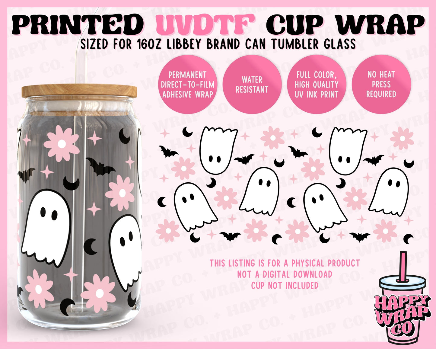 Cute Ghosts and Bats - UVDTF Beer Can Glass Wrap (Ready-to-Ship)