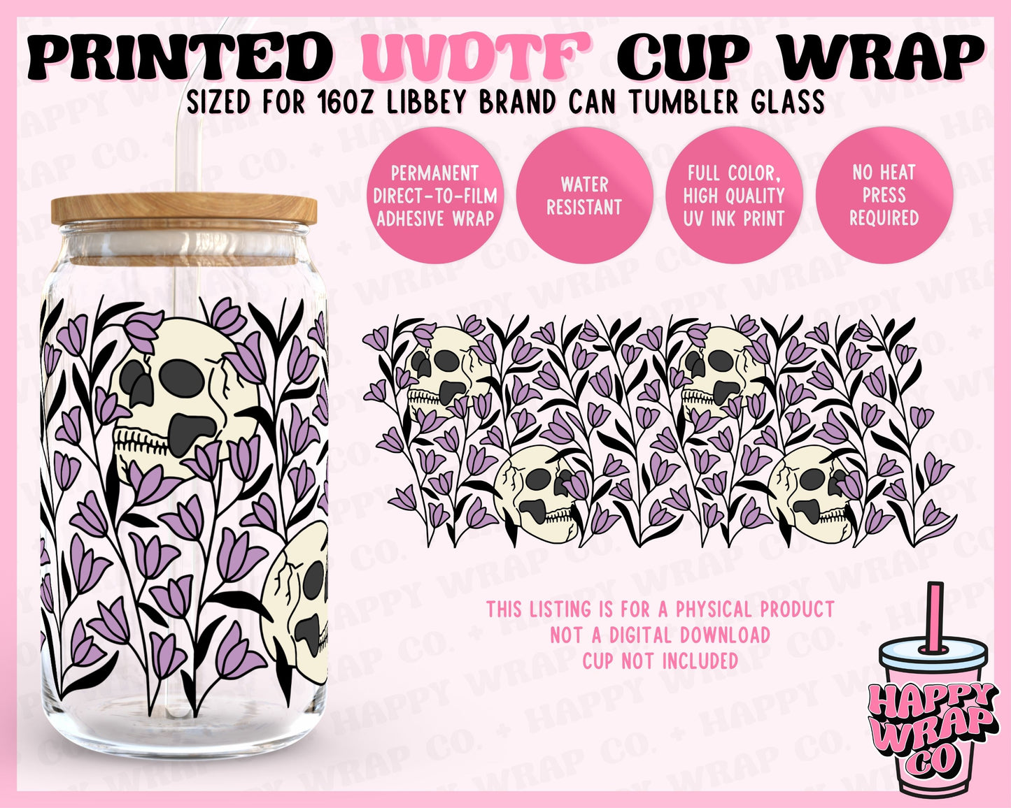 Skulls and Flowers - UVDTF Beer Can Glass Wrap (Ready-to-Ship)