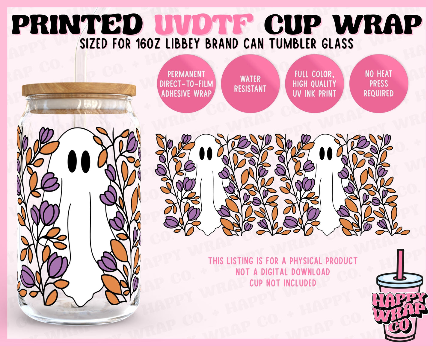 Ghosts and Flowers - UVDTF Beer Can Glass Wrap (Ready-to-Ship)