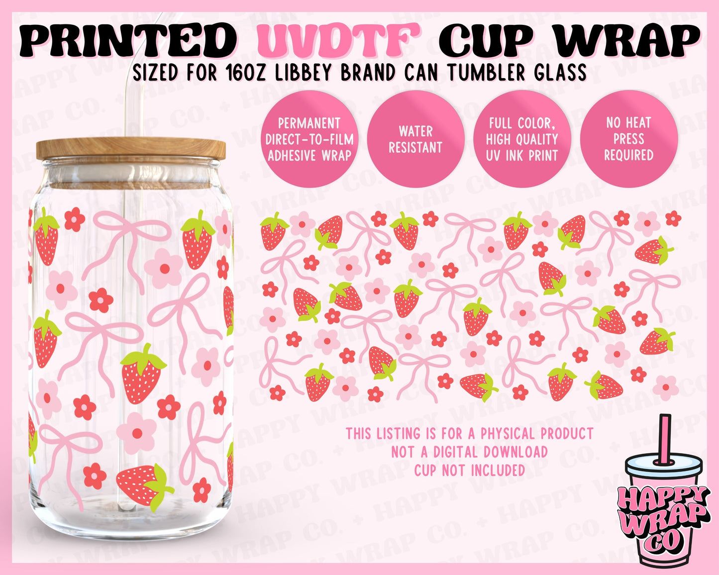 Strawberry Bows - UVDTF Beer Can Glass Wrap (Ready-to-Ship) (Double-Sided)