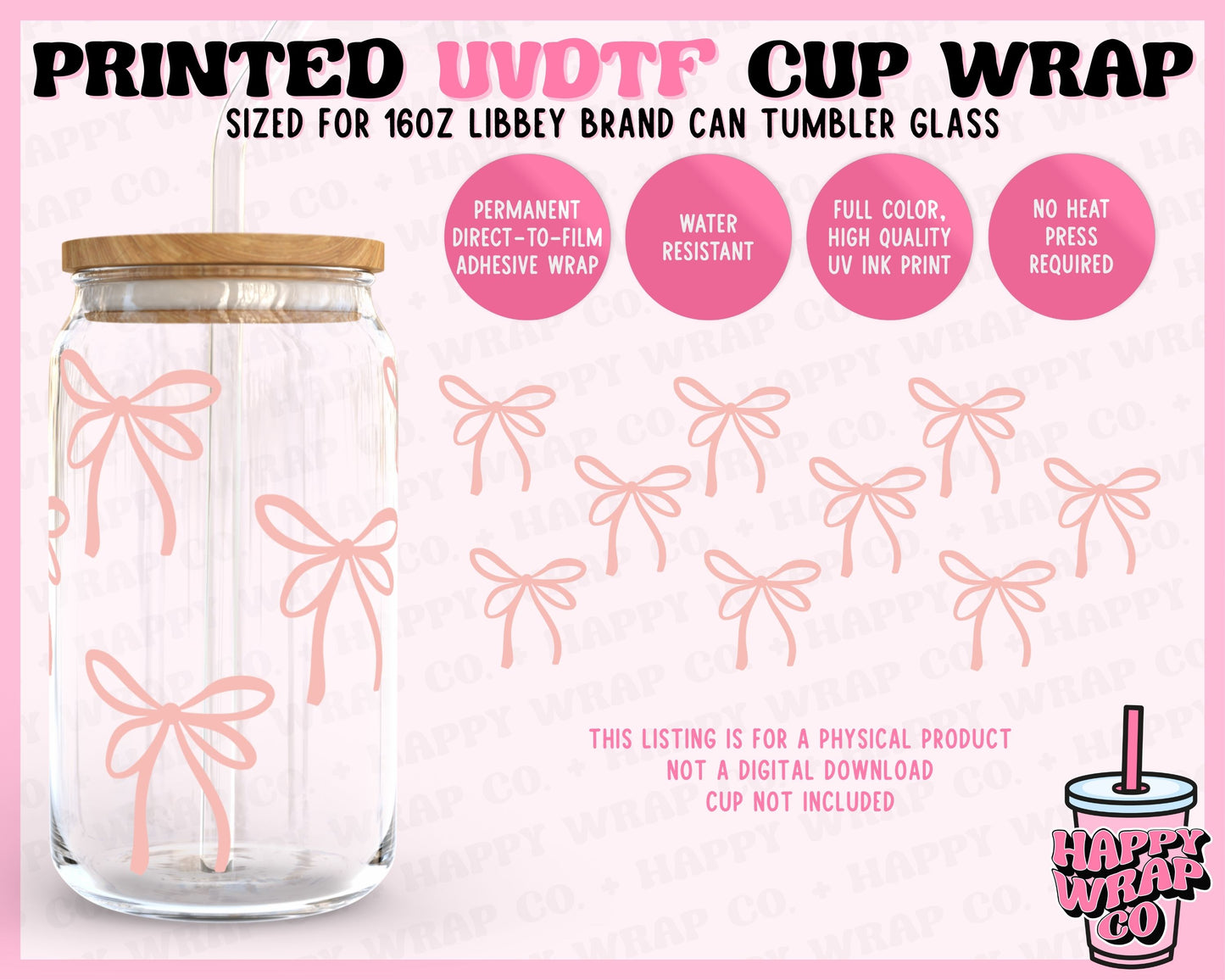 Dainty Pink Bows - UVDTF Beer Can Glass Wrap (Ready-to-Ship)