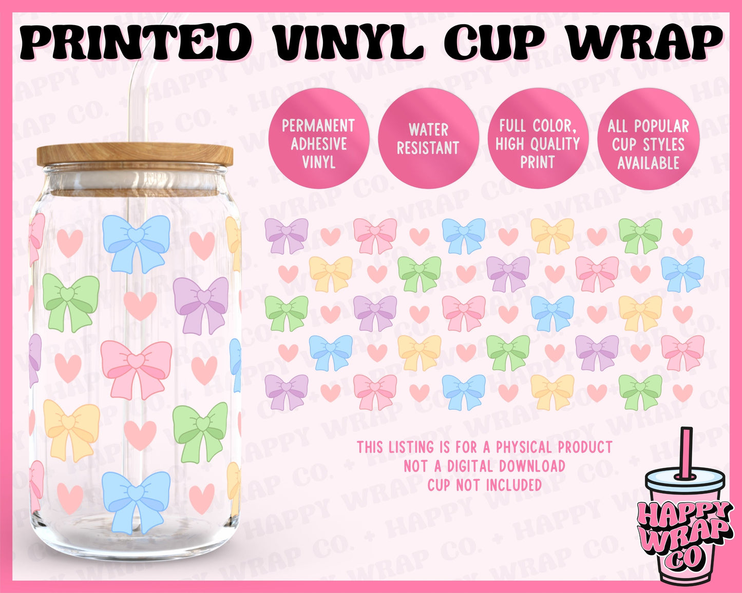 Cute Bows and Hearts - Vinyl Beer Can Glass Wrap