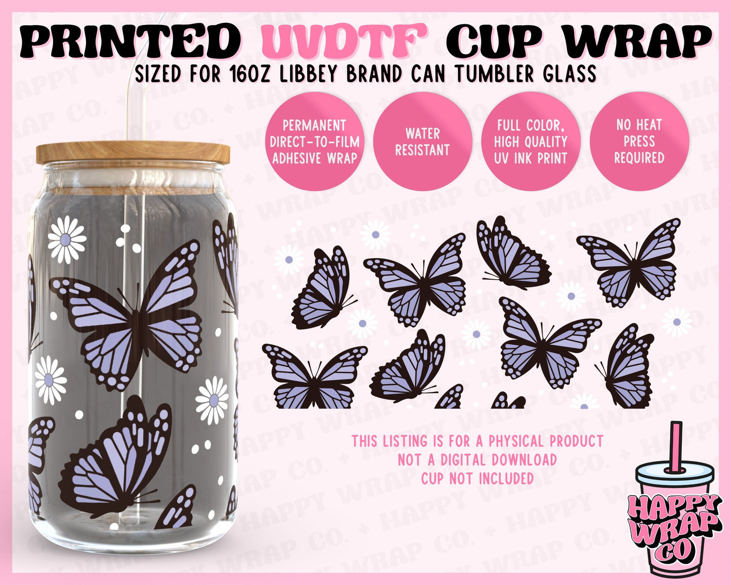 Butterflies and Flowers - UVDTF Beer Can Glass Wrap (Ready-to-Ship)