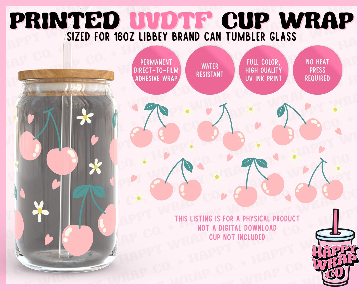 Pink Cherries - UVDTF Beer Can Glass Wrap (Ready-to-Ship)