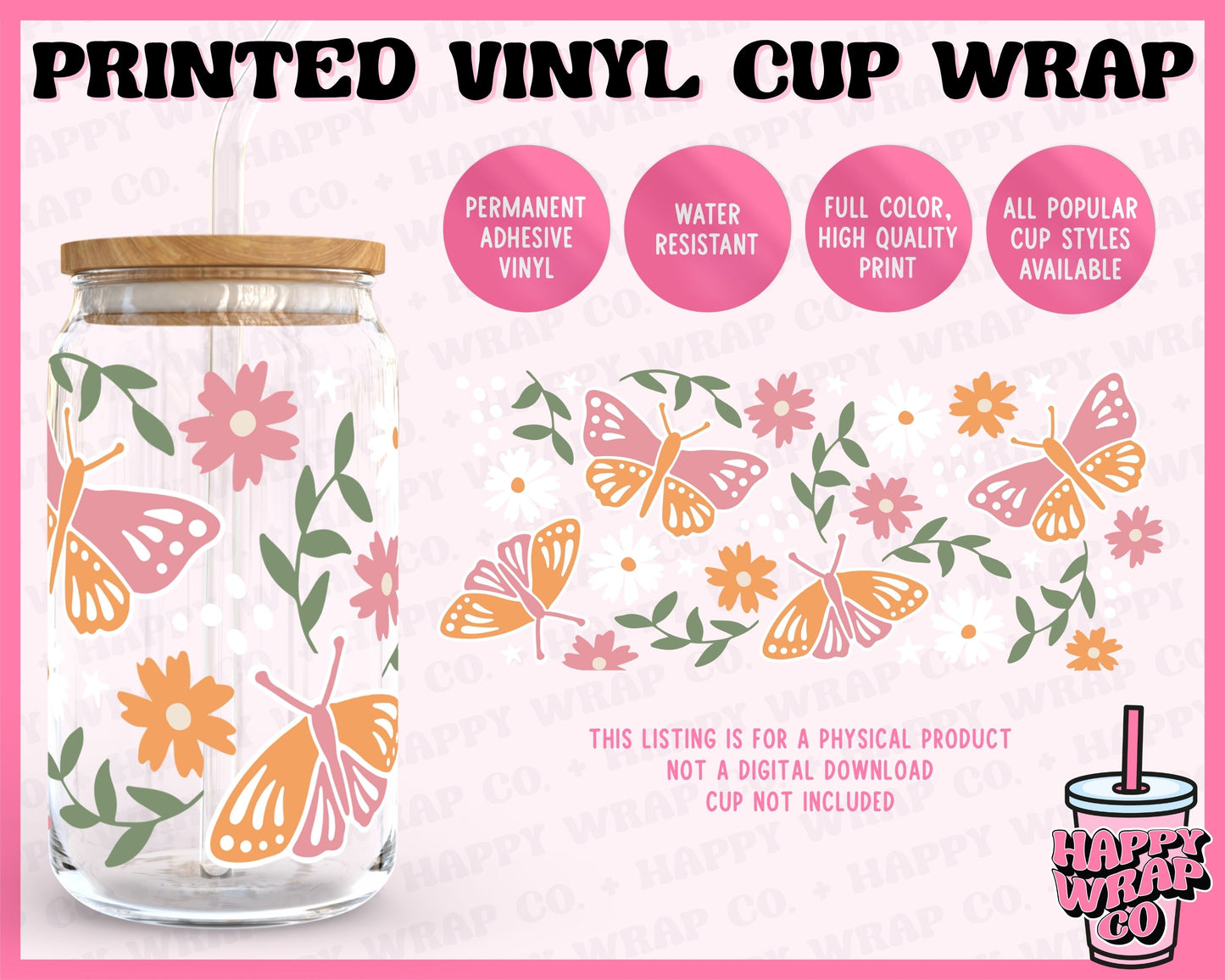 Floral Butterfly - Vinyl Beer Can Glass Wrap