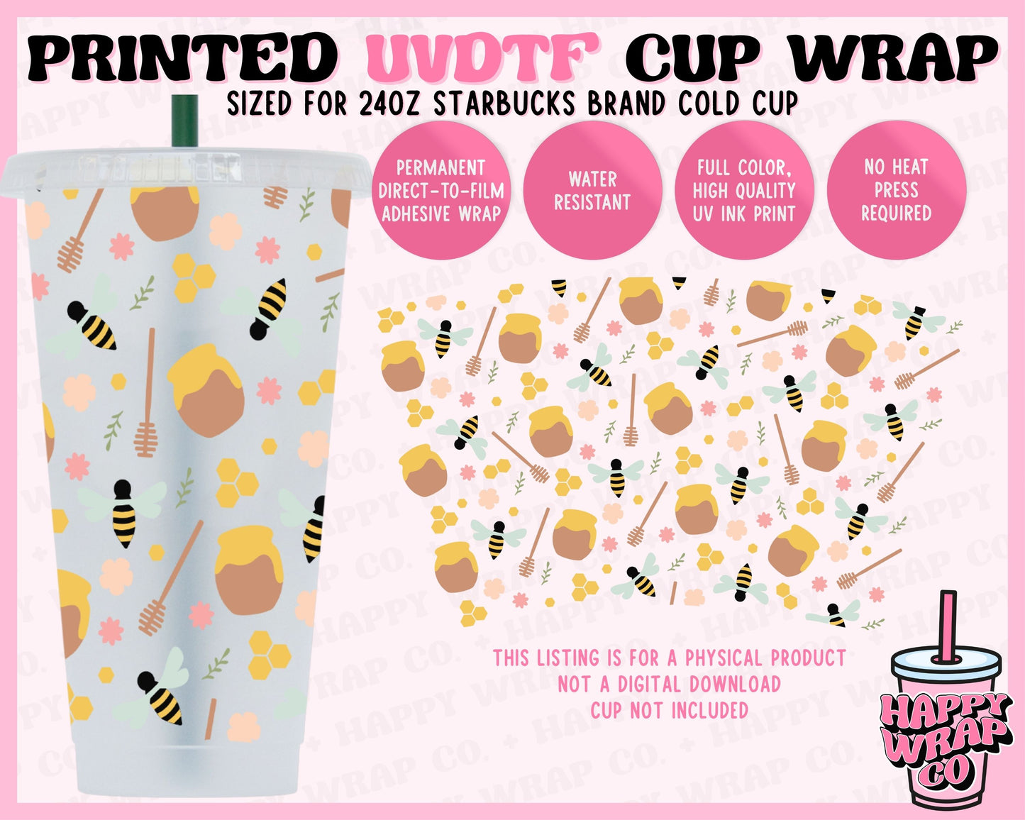 Honey Bee - UVDTF Cold Cup Wrap (Ready-to-Ship)