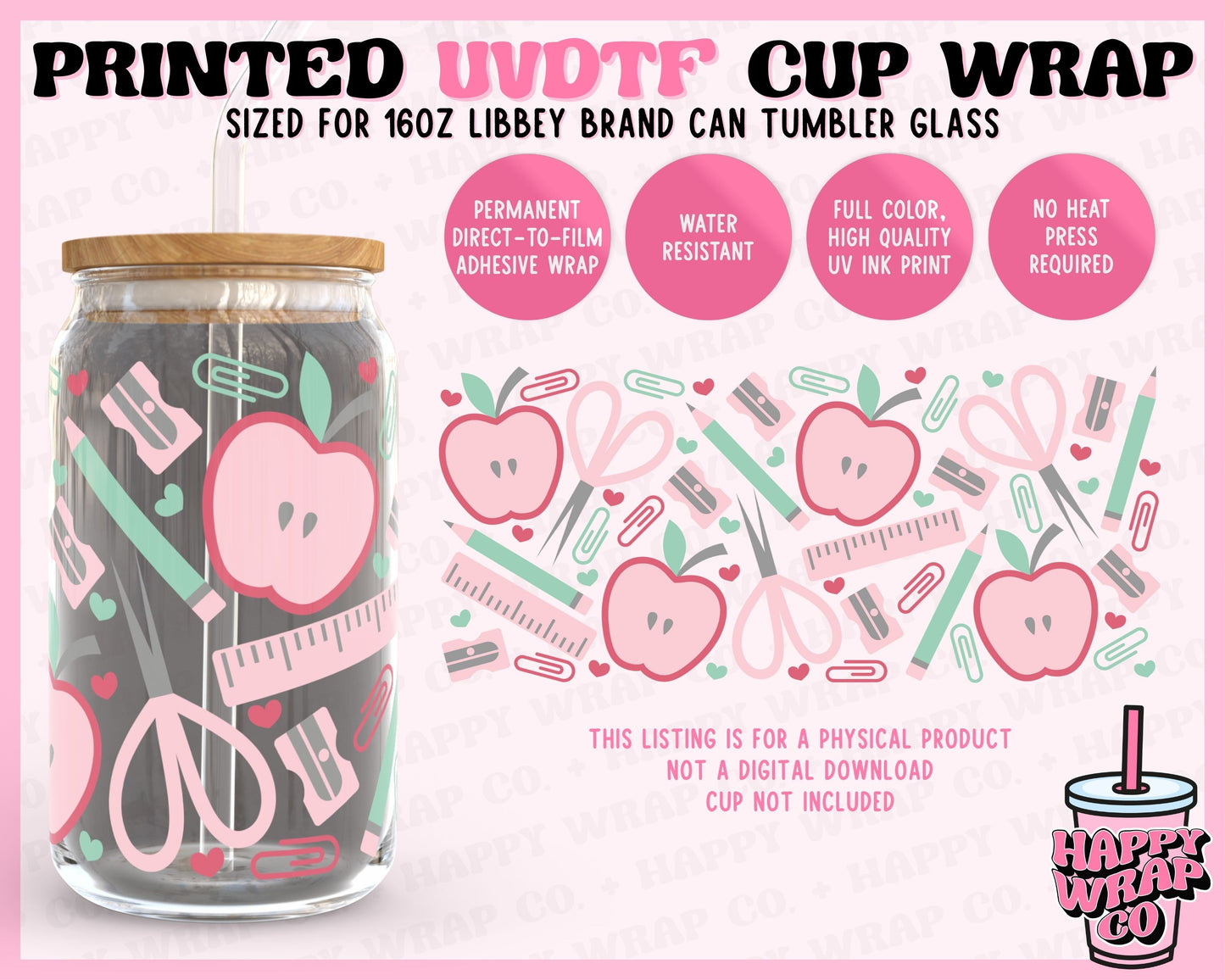 Pastel School Supplies - UVDTF Beer Can Glass Wrap (Ready-to-Ship)