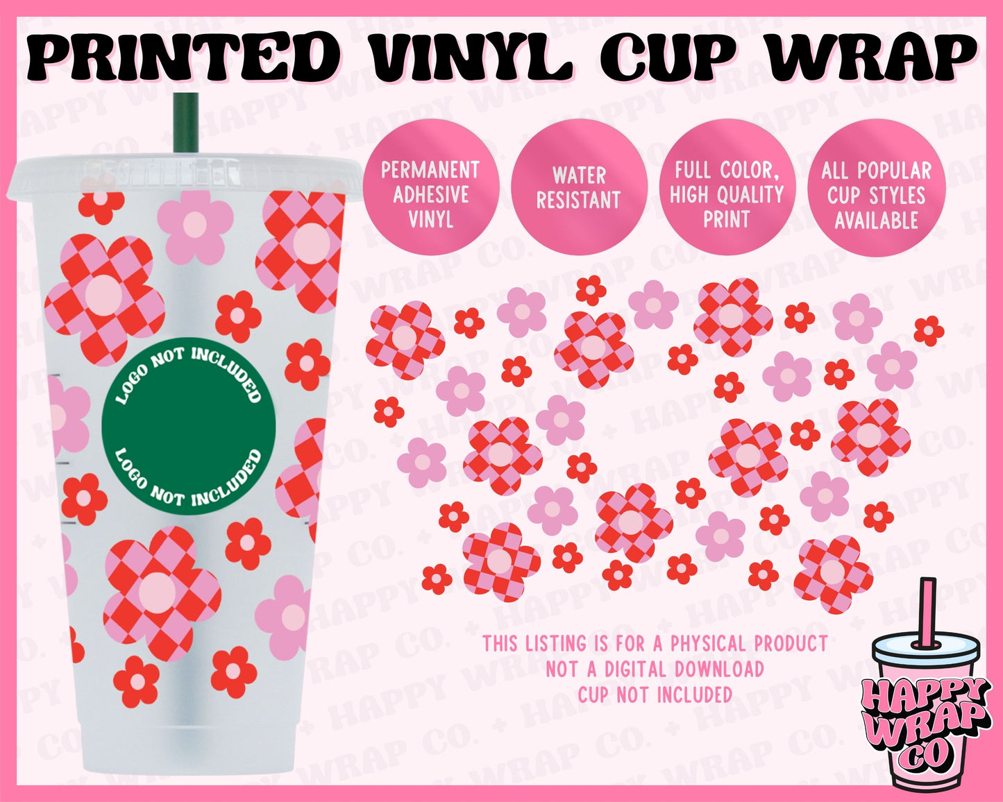 Checkered Retro Flowers - Vinyl Cup Wrap